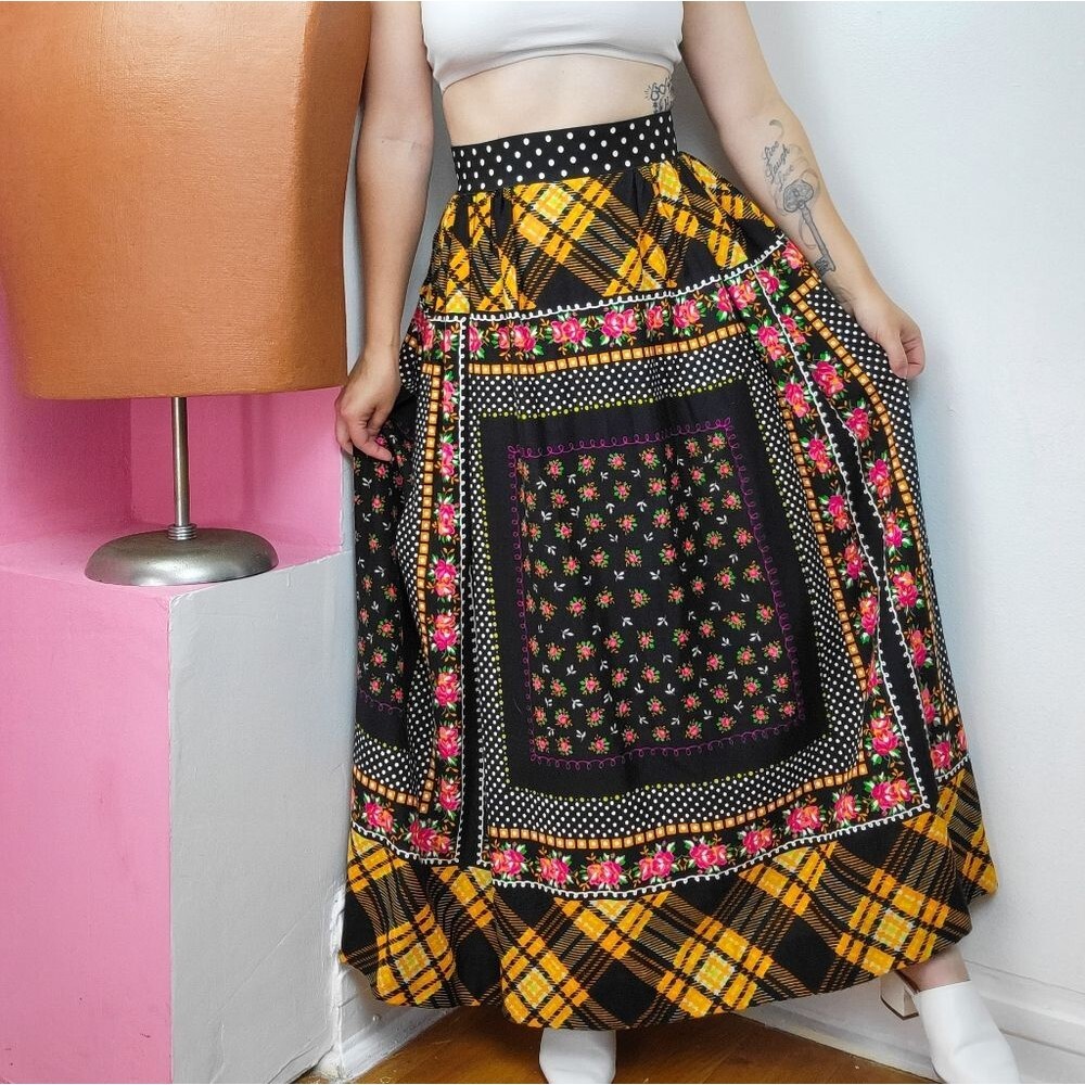 70s Handmade Yellow Plaid Floral Print Maxi Skirt